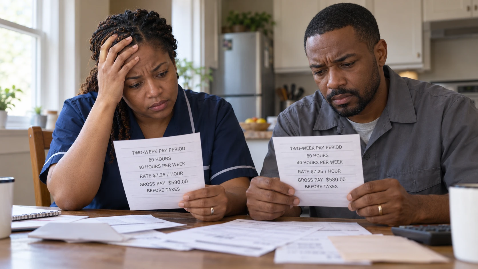 A worried husband and wife in work uniforms reviewing two paychecks. Each shows 80 hours over two weeks at $7.25 per hour, totaling $580 before taxes.